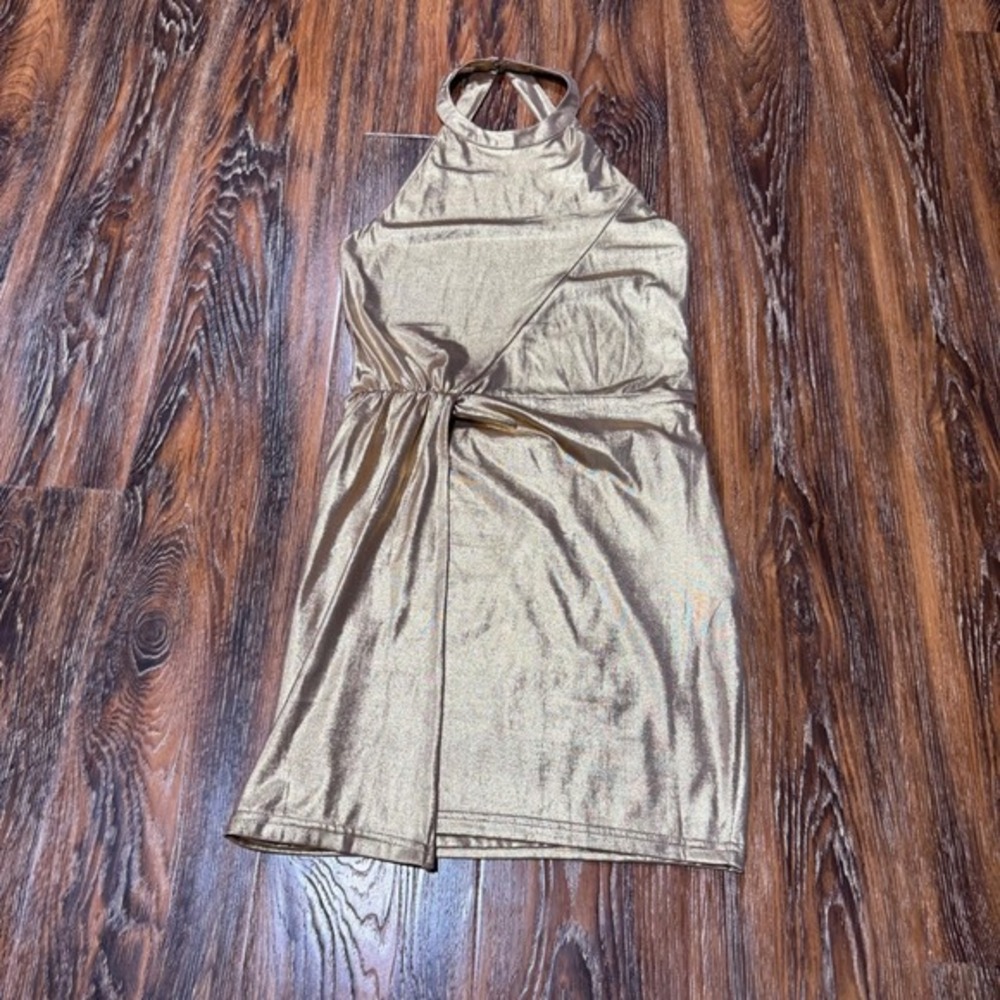 Superdown Gold Metallic Halter Mini Dress Open Back Draped Party Size‎ S Women's